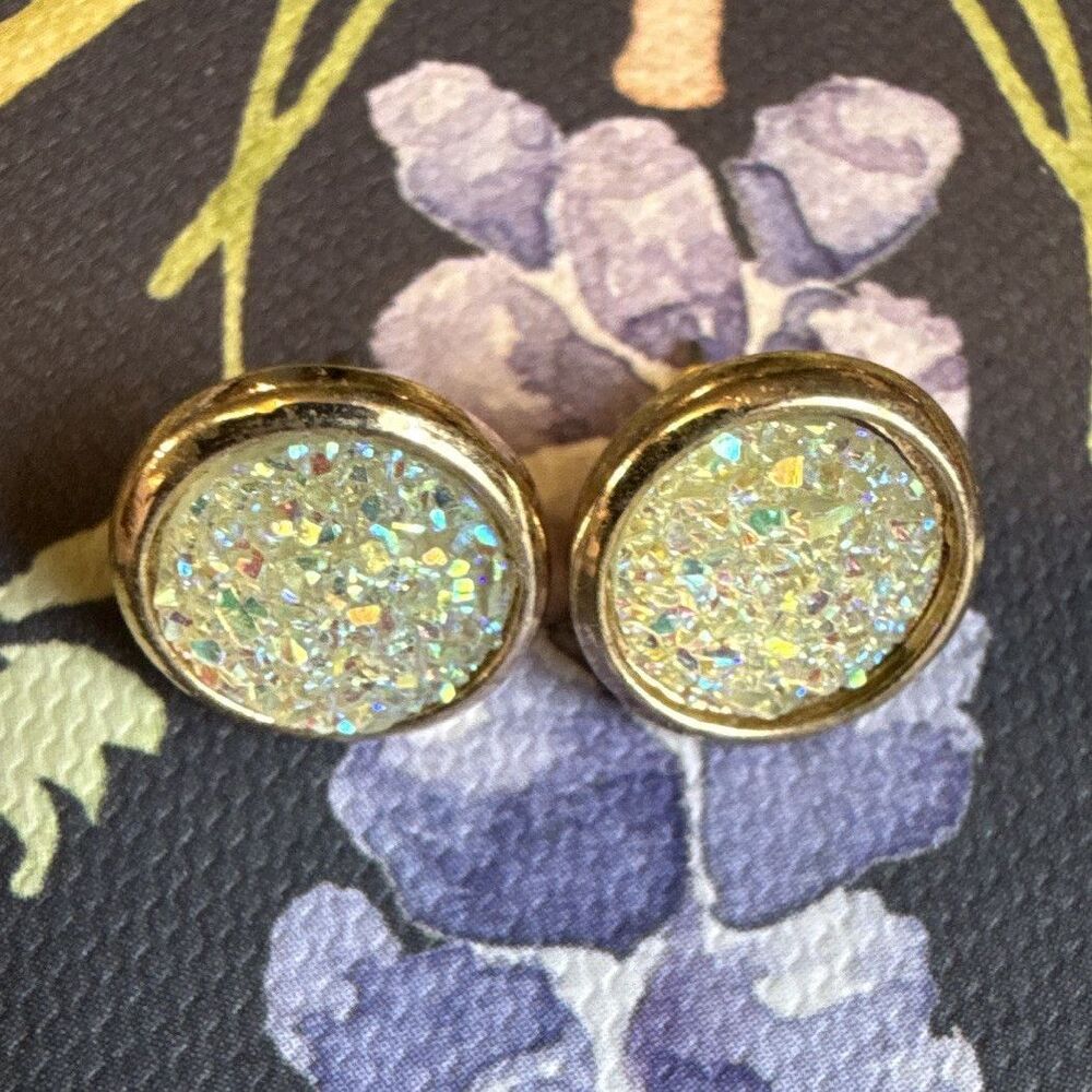 Gold Tone Round Glitter Stud Earrings Metal Lobe Back